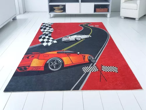 Piros autós mintás gyerekszőnyeg 130x180 cm